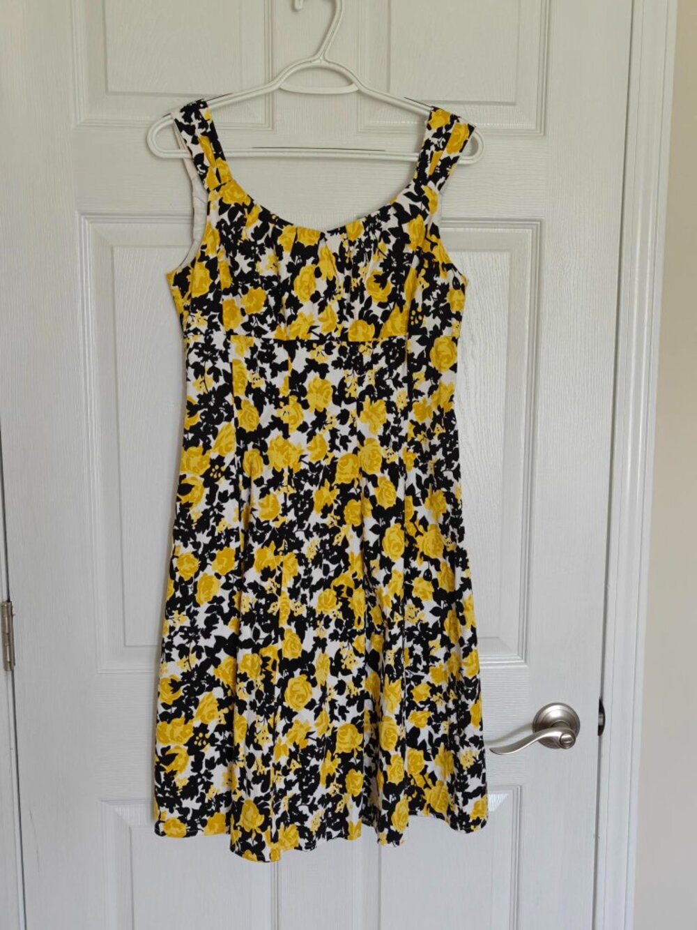 Bright, colorful yellow rose print strappy dress
